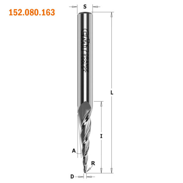 CMT 152.060.082 Solid Carbide Upcut 2D / 3D Carving Tapered Ball Nose Spiral Bits