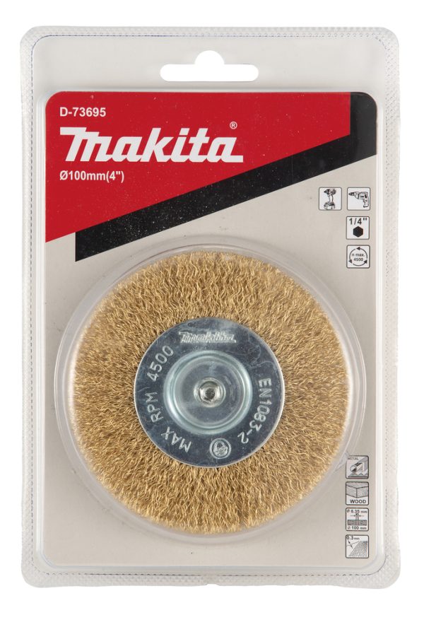 Makita D-73695 Stålbørste, 100 mm x 0,3 mm bølget tråd, 1/4″, messingbelagt