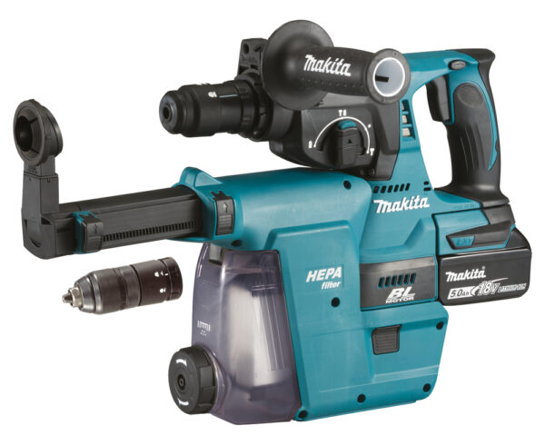 Makita DHR243RTJW Børsteløs borhammer inkludert 2x18V 5 Ah batterier og støvavsug